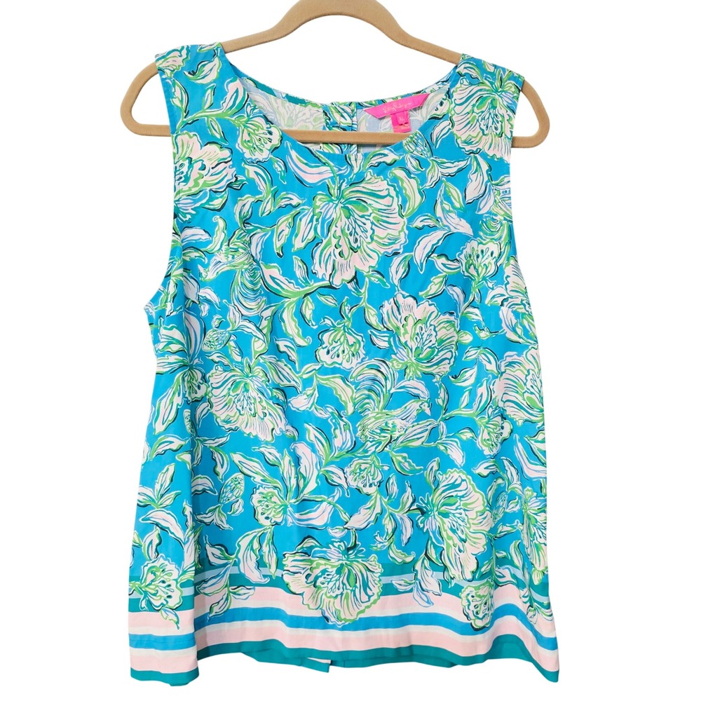 Lilly Pulitzer Floridita Sleeveless Gold Button Back Floral Top Blue XL